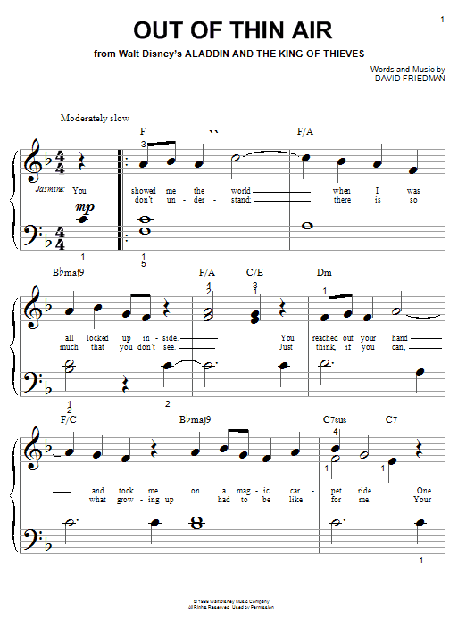 Preview David Friedman Out Of Thin Air (from Aladdin) Film and TV sheet music, notes and chords for Piano (Big Notes), SKU: 21470 sheet music, piano notes, chords, guitar tabs, score, transpose, transcribe, how to play, guide, download, learn, tutorial, progression, song, artist, awards, billboard, mtv, vh1, tour, single, album, release