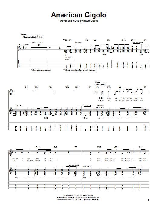 Preview Weezer American Gigolo Rock sheet music, notes and chords for Guitar Tab, SKU: 21479 sheet music, piano notes, chords, guitar tabs, score, transpose, transcribe, how to play, guide, download, learn, tutorial, progression, song, artist, awards, billboard, mtv, vh1, tour, single, album, release