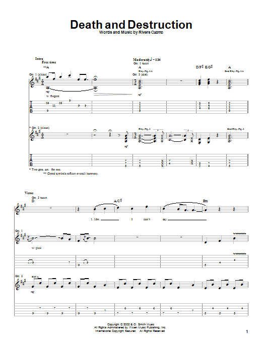 Preview Weezer Death And Destruction Rock sheet music, notes and chords for Guitar Tab, SKU: 21481 sheet music, piano notes, chords, guitar tabs, score, transpose, transcribe, how to play, guide, download, learn, tutorial, progression, song, artist, awards, billboard, mtv, vh1, tour, single, album, release