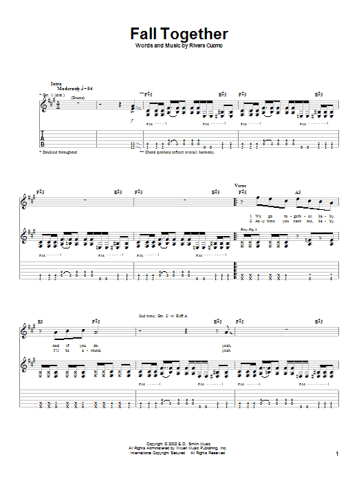 Preview Weezer Fall Together Rock sheet music, notes and chords for Guitar Tab, SKU: 21483 sheet music, piano notes, chords, guitar tabs, score, transpose, transcribe, how to play, guide, download, learn, tutorial, progression, song, artist, awards, billboard, mtv, vh1, tour, single, album, release