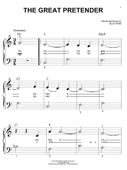 Preview The Platters The Great Pretender Rock sheet music, notes and chords for Piano (Big Notes), SKU: 21498 sheet music, piano notes, chords, guitar tabs, score, transpose, transcribe, how to play, guide, download, learn, tutorial, progression, song, artist, awards, billboard, mtv, vh1, tour, single, album, release