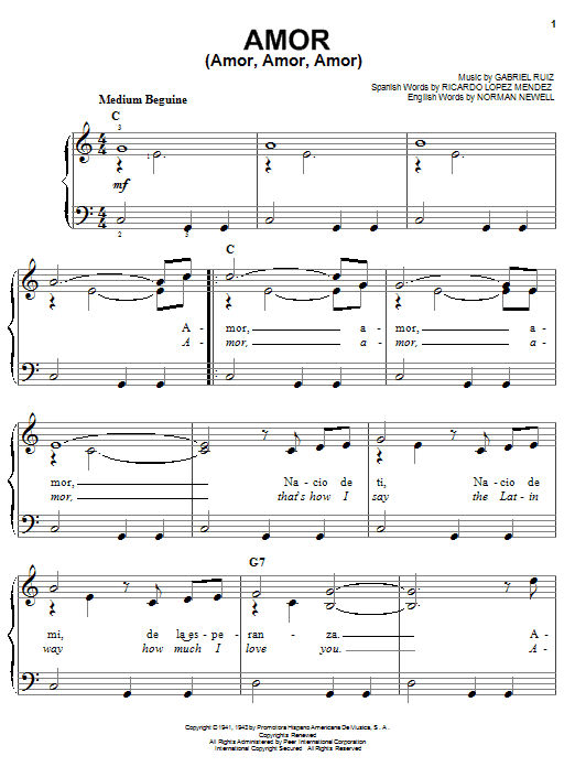 Preview Gabriel Ruiz Amor (Amor, Amor, Amor) Pop sheet music, notes and chords for Easy Piano, SKU: 21500 sheet music, piano notes, chords, guitar tabs, score, transpose, transcribe, how to play, guide, download, learn, tutorial, progression, song, artist, awards, billboard, mtv, vh1, tour, single, album, release