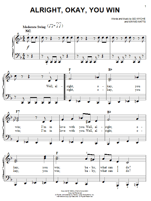 Preview Peggy Lee Alright, Okay, You Win Jazz sheet music, notes and chords for Easy Piano, SKU: 21501 sheet music, piano notes, chords, guitar tabs, score, transpose, transcribe, how to play, guide, download, learn, tutorial, progression, song, artist, awards, billboard, mtv, vh1, tour, single, album, release