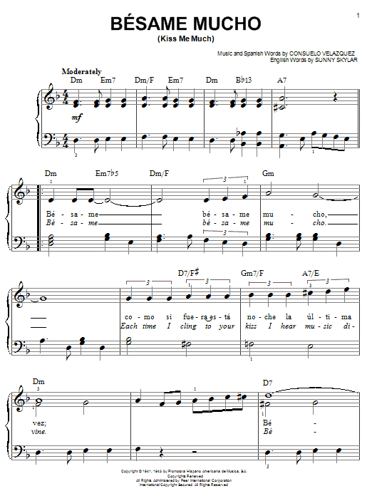 Preview Consuelo Velazquez Besame Mucho (Kiss Me Much) Jazz sheet music, notes and chords for Easy Piano, SKU: 21503 sheet music, piano notes, chords, guitar tabs, score, transpose, transcribe, how to play, guide, download, learn, tutorial, progression, song, artist, awards, billboard, mtv, vh1, tour, single, album, release