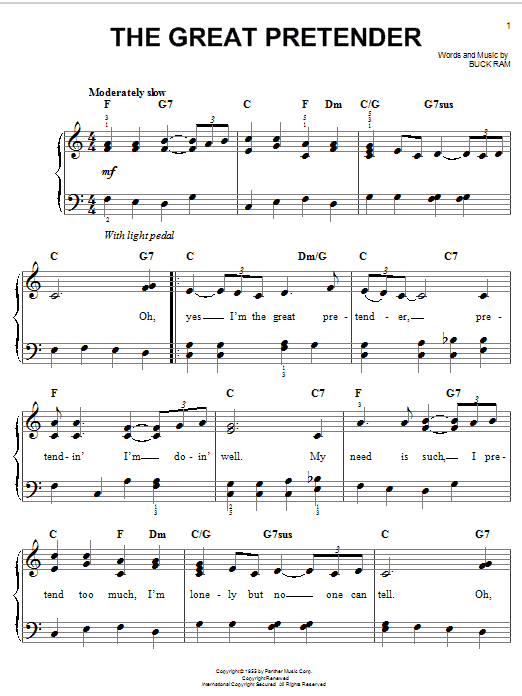 Preview The Platters The Great Pretender Rock sheet music, notes and chords for Easy Piano, SKU: 21504 sheet music, piano notes, chords, guitar tabs, score, transpose, transcribe, how to play, guide, download, learn, tutorial, progression, song, artist, awards, billboard, mtv, vh1, tour, single, album, release