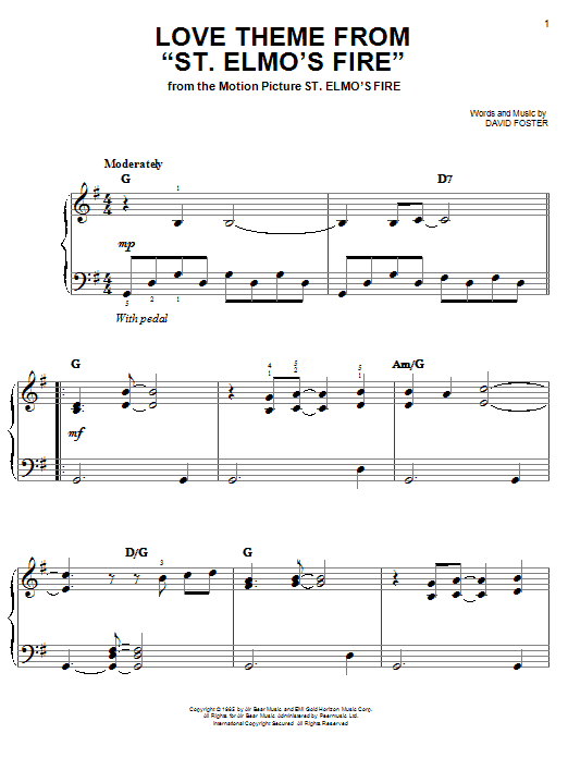 Preview David Foster Love Theme From St. Elmo's Fire Pop sheet music, notes and chords for Easy Piano, SKU: 21506 sheet music, piano notes, chords, guitar tabs, score, transpose, transcribe, how to play, guide, download, learn, tutorial, progression, song, artist, awards, billboard, mtv, vh1, tour, single, album, release