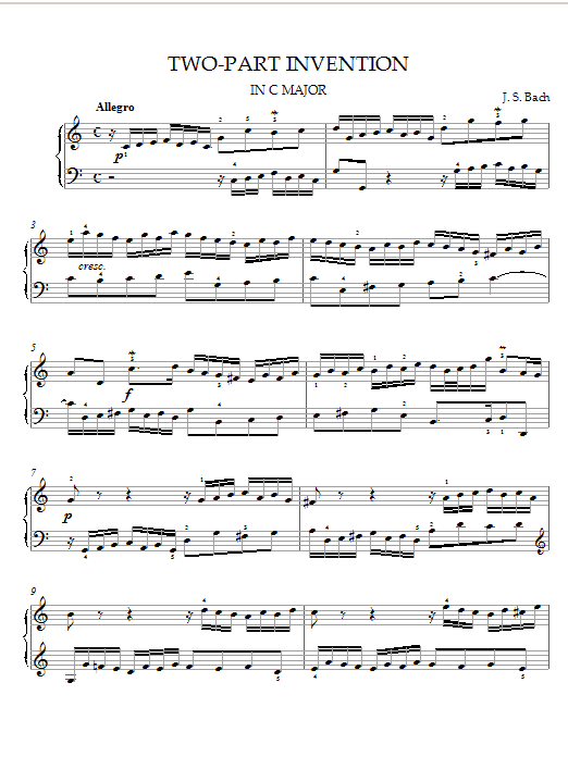 Preview Johann Sebastian Bach Two-Part Invention in C Major Pop sheet music, notes and chords for Piano, SKU: 21519 sheet music, piano notes, chords, guitar tabs, score, transpose, transcribe, how to play, guide, download, learn, tutorial, progression, song, artist, awards, billboard, mtv, vh1, tour, single, album, release