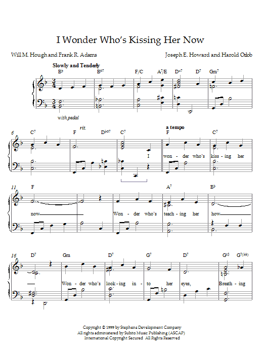 Preview Joseph E. Howard I Wonder Who's Kissing Her Now Pop sheet music, notes and chords for Piano, SKU: 21551 sheet music, piano notes, chords, guitar tabs, score, transpose, transcribe, how to play, guide, download, learn, tutorial, progression, song, artist, awards, billboard, mtv, vh1, tour, single, album, release