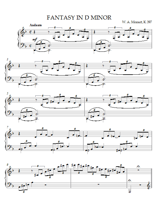 Preview Wolfgang Amadeus Mozart Fantasy in D Minor, K. 397 Pop sheet music, notes and chords for Piano, SKU: 21559 sheet music, piano notes, chords, guitar tabs, score, transpose, transcribe, how to play, guide, download, learn, tutorial, progression, song, artist, awards, billboard, mtv, vh1, tour, single, album, release