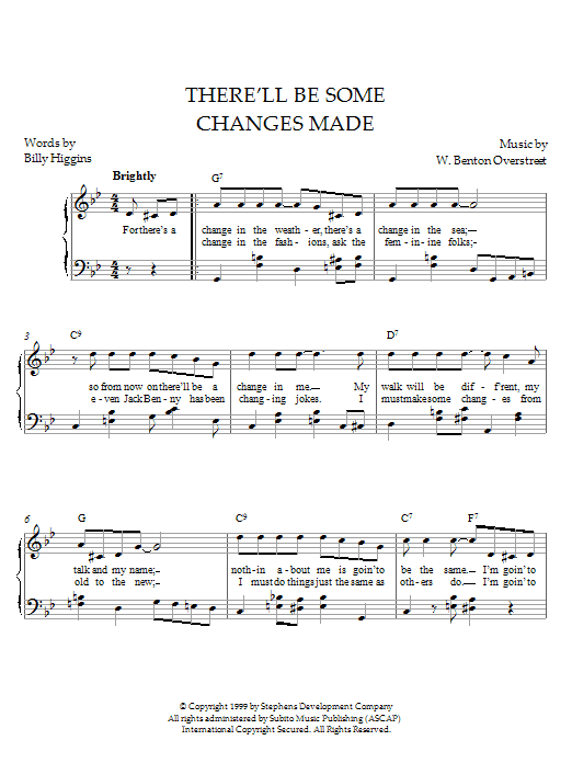 Preview W. Benton Overstreet There'll Be Some Changes Made Pop sheet music, notes and chords for Piano, SKU: 21564 sheet music, piano notes, chords, guitar tabs, score, transpose, transcribe, how to play, guide, download, learn, tutorial, progression, song, artist, awards, billboard, mtv, vh1, tour, single, album, release