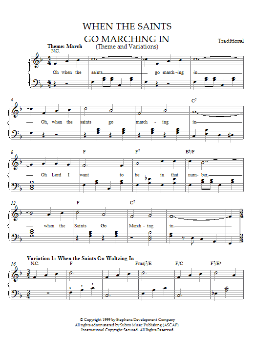 Preview Traditional When The Saints Go Marching In (Theme and Variations) Pop sheet music, notes and chords for Easy Piano, SKU: 21569 sheet music, piano notes, chords, guitar tabs, score, transpose, transcribe, how to play, guide, download, learn, tutorial, progression, song, artist, awards, billboard, mtv, vh1, tour, single, album, release
