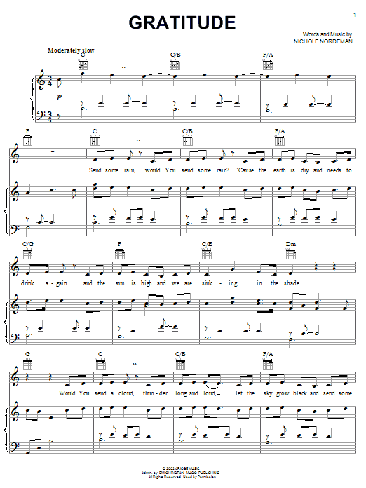 Preview Nichole Nordeman Gratitude Religious sheet music, notes and chords for Piano, Vocal & Guitar (Right-Hand Melody), SKU: 21574 sheet music, piano notes, chords, guitar tabs, score, transpose, transcribe, how to play, guide, download, learn, tutorial, progression, song, artist, awards, billboard, mtv, vh1, tour, single, album, release