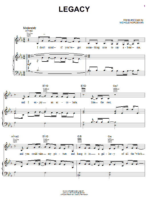 Preview Nichole Nordeman Legacy Religious sheet music, notes and chords for Piano, Vocal & Guitar (Right-Hand Melody), SKU: 21575 sheet music, piano notes, chords, guitar tabs, score, transpose, transcribe, how to play, guide, download, learn, tutorial, progression, song, artist, awards, billboard, mtv, vh1, tour, single, album, release