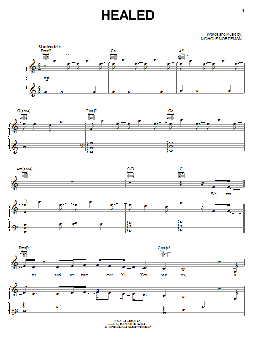 Preview Nichole Nordeman Healed Religious sheet music, notes and chords for Piano, Vocal & Guitar (Right-Hand Melody), SKU: 21577 sheet music, piano notes, chords, guitar tabs, score, transpose, transcribe, how to play, guide, download, learn, tutorial, progression, song, artist, awards, billboard, mtv, vh1, tour, single, album, release