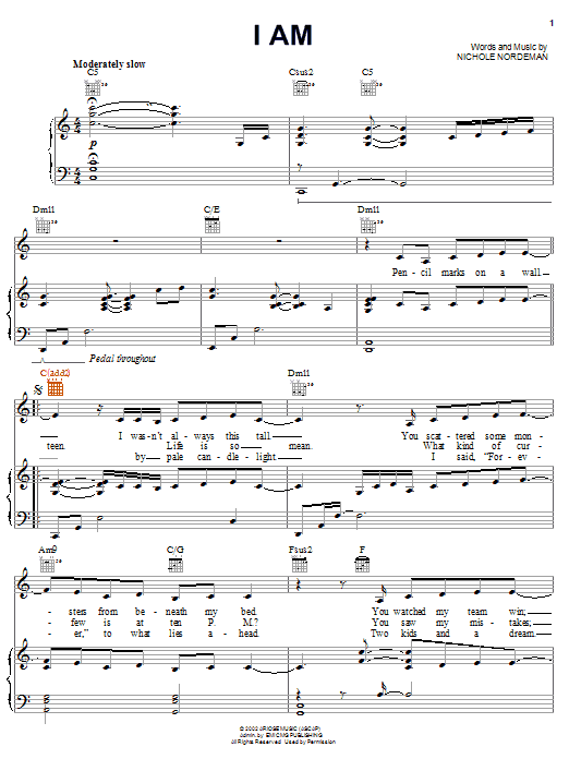 Preview Nichole Nordeman I Am Religious sheet music, notes and chords for Piano, Vocal & Guitar (Right-Hand Melody), SKU: 21578 sheet music, piano notes, chords, guitar tabs, score, transpose, transcribe, how to play, guide, download, learn, tutorial, progression, song, artist, awards, billboard, mtv, vh1, tour, single, album, release