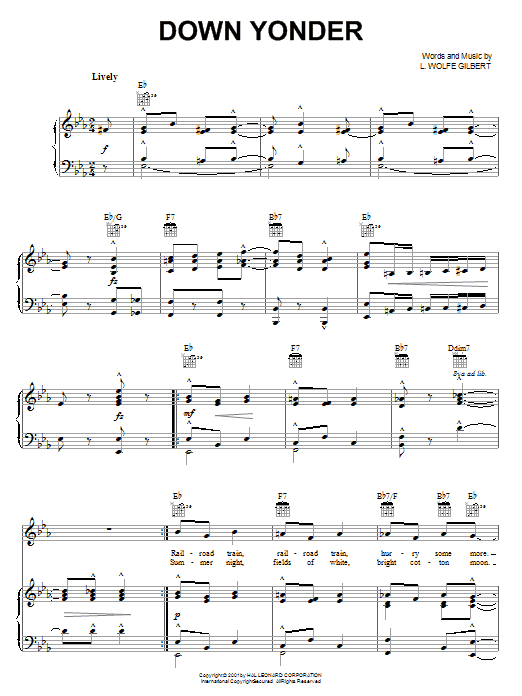 Preview L. Wolfe Gilbert Down Yonder Jazz sheet music, notes and chords for Piano, Vocal & Guitar (Right-Hand Melody), SKU: 21588 sheet music, piano notes, chords, guitar tabs, score, transpose, transcribe, how to play, guide, download, learn, tutorial, progression, song, artist, awards, billboard, mtv, vh1, tour, single, album, release