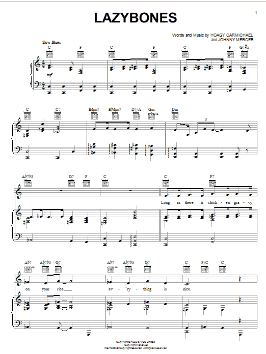 Preview Hoagy Carmichael Lazybones Country sheet music, notes and chords for Piano, Vocal & Guitar (Right-Hand Melody), SKU: 21591 sheet music, piano notes, chords, guitar tabs, score, transpose, transcribe, how to play, guide, download, learn, tutorial, progression, song, artist, awards, billboard, mtv, vh1, tour, single, album, release