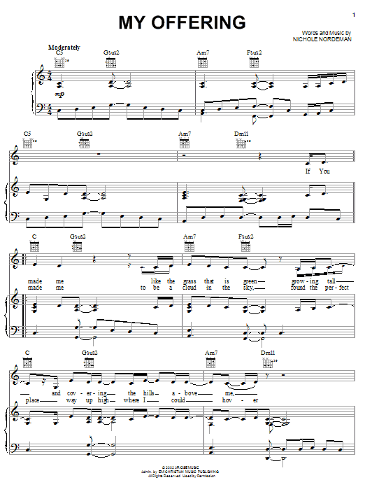 Preview Nichole Nordeman My Offering Religious sheet music, notes and chords for Piano, Vocal & Guitar (Right-Hand Melody), SKU: 21593 sheet music, piano notes, chords, guitar tabs, score, transpose, transcribe, how to play, guide, download, learn, tutorial, progression, song, artist, awards, billboard, mtv, vh1, tour, single, album, release