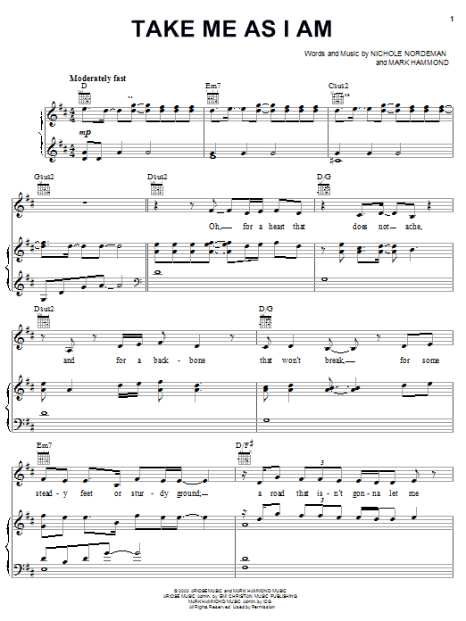 Preview Nichole Nordeman Take Me As I Am Religious sheet music, notes and chords for Piano, Vocal & Guitar (Right-Hand Melody), SKU: 21595 sheet music, piano notes, chords, guitar tabs, score, transpose, transcribe, how to play, guide, download, learn, tutorial, progression, song, artist, awards, billboard, mtv, vh1, tour, single, album, release