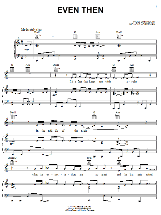 Preview Nichole Nordeman Even Then Religious sheet music, notes and chords for Piano, Vocal & Guitar (Right-Hand Melody), SKU: 21596 sheet music, piano notes, chords, guitar tabs, score, transpose, transcribe, how to play, guide, download, learn, tutorial, progression, song, artist, awards, billboard, mtv, vh1, tour, single, album, release