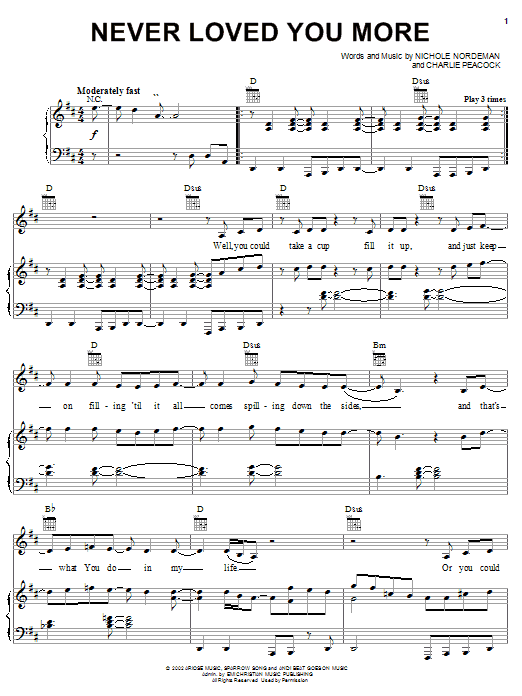 Preview Nichole Nordeman Never Loved You More Religious sheet music, notes and chords for Piano, Vocal & Guitar (Right-Hand Melody), SKU: 21597 sheet music, piano notes, chords, guitar tabs, score, transpose, transcribe, how to play, guide, download, learn, tutorial, progression, song, artist, awards, billboard, mtv, vh1, tour, single, album, release