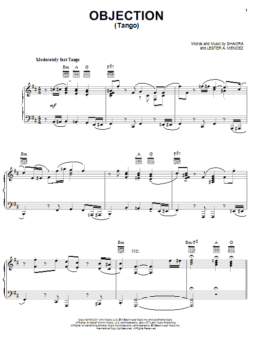 Preview Shakira Objection (Tango) Pop sheet music, notes and chords for Piano, Vocal & Guitar (Right-Hand Melody), SKU: 21602 sheet music, piano notes, chords, guitar tabs, score, transpose, transcribe, how to play, guide, download, learn, tutorial, progression, song, artist, awards, billboard, mtv, vh1, tour, single, album, release