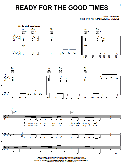 Preview Shakira Ready For The Good Times Pop sheet music, notes and chords for Piano, Vocal & Guitar (Right-Hand Melody), SKU: 21604 sheet music, piano notes, chords, guitar tabs, score, transpose, transcribe, how to play, guide, download, learn, tutorial, progression, song, artist, awards, billboard, mtv, vh1, tour, single, album, release