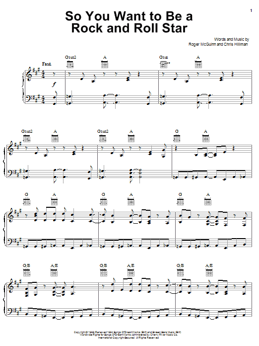 Preview The Byrds So You Want To Be A Rock And Roll Star Rock sheet music, notes and chords for Piano, Vocal & Guitar (Right-Hand Melody), SKU: 21606 sheet music, piano notes, chords, guitar tabs, score, transpose, transcribe, how to play, guide, download, learn, tutorial, progression, song, artist, awards, billboard, mtv, vh1, tour, single, album, release