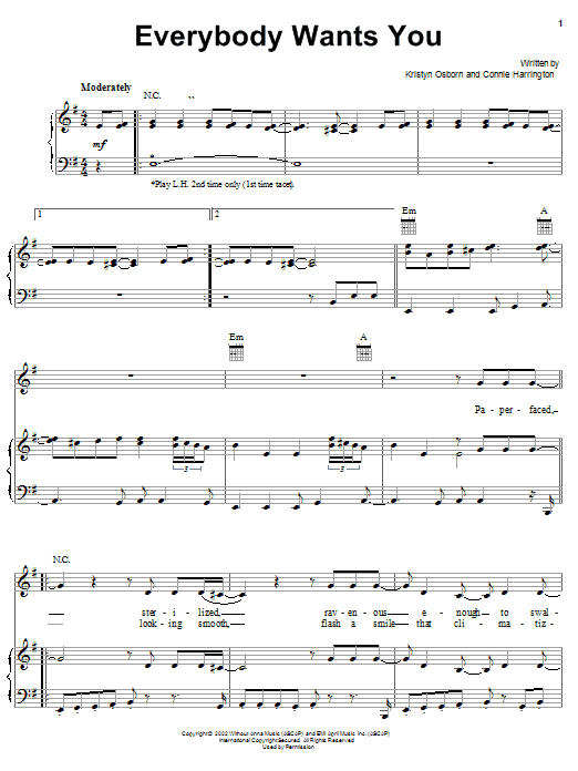 Preview SHeDAISY Everybody Wants You Country sheet music, notes and chords for Piano, Vocal & Guitar (Right-Hand Melody), SKU: 21607 sheet music, piano notes, chords, guitar tabs, score, transpose, transcribe, how to play, guide, download, learn, tutorial, progression, song, artist, awards, billboard, mtv, vh1, tour, single, album, release
