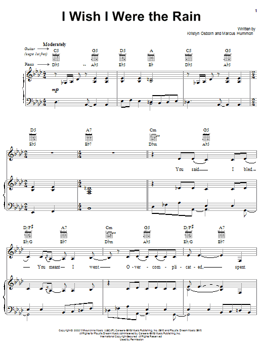 Preview SHeDAISY I Wish I Were The Rain Country sheet music, notes and chords for Piano, Vocal & Guitar (Right-Hand Melody), SKU: 21610 sheet music, piano notes, chords, guitar tabs, score, transpose, transcribe, how to play, guide, download, learn, tutorial, progression, song, artist, awards, billboard, mtv, vh1, tour, single, album, release