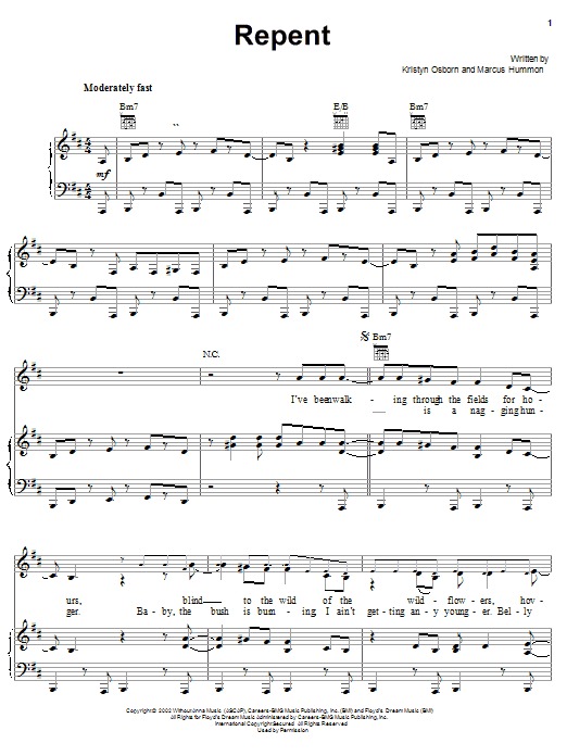 Preview SHeDAISY Repent Country sheet music, notes and chords for Piano, Vocal & Guitar (Right-Hand Melody), SKU: 21611 sheet music, piano notes, chords, guitar tabs, score, transpose, transcribe, how to play, guide, download, learn, tutorial, progression, song, artist, awards, billboard, mtv, vh1, tour, single, album, release