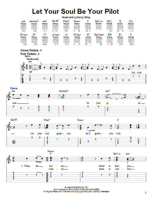 Preview Sting Let Your Soul Be Your Pilot Rock sheet music, notes and chords for Easy Guitar Tab, SKU: 21614 sheet music, piano notes, chords, guitar tabs, score, transpose, transcribe, how to play, guide, download, learn, tutorial, progression, song, artist, awards, billboard, mtv, vh1, tour, single, album, release