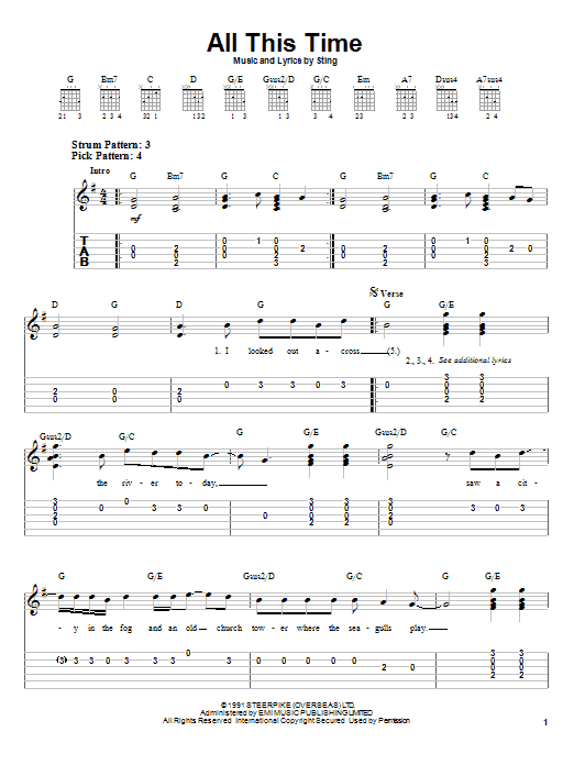 Preview Sting All This Time Rock sheet music, notes and chords for Easy Guitar Tab, SKU: 21615 sheet music, piano notes, chords, guitar tabs, score, transpose, transcribe, how to play, guide, download, learn, tutorial, progression, song, artist, awards, billboard, mtv, vh1, tour, single, album, release