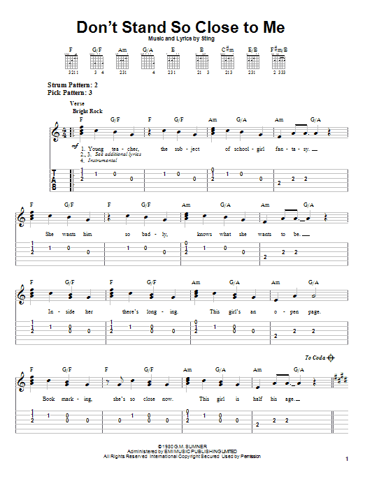 Preview The Police Don't Stand So Close To Me Rock sheet music, notes and chords for Easy Guitar Tab, SKU: 21618 sheet music, piano notes, chords, guitar tabs, score, transpose, transcribe, how to play, guide, download, learn, tutorial, progression, song, artist, awards, billboard, mtv, vh1, tour, single, album, release