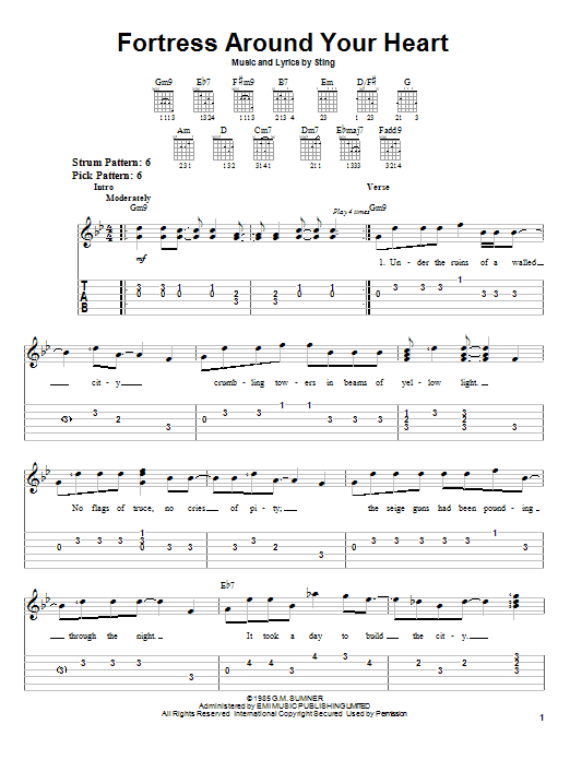 Preview Sting Fortress Around Your Heart Rock sheet music, notes and chords for Easy Guitar Tab, SKU: 21622 sheet music, piano notes, chords, guitar tabs, score, transpose, transcribe, how to play, guide, download, learn, tutorial, progression, song, artist, awards, billboard, mtv, vh1, tour, single, album, release