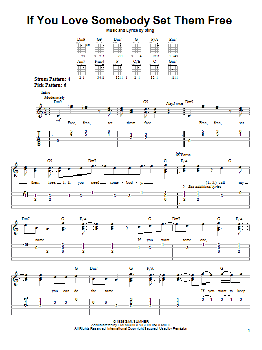 Preview Sting If You Love Somebody Set Them Free Rock sheet music, notes and chords for Easy Guitar Tab, SKU: 21623 sheet music, piano notes, chords, guitar tabs, score, transpose, transcribe, how to play, guide, download, learn, tutorial, progression, song, artist, awards, billboard, mtv, vh1, tour, single, album, release