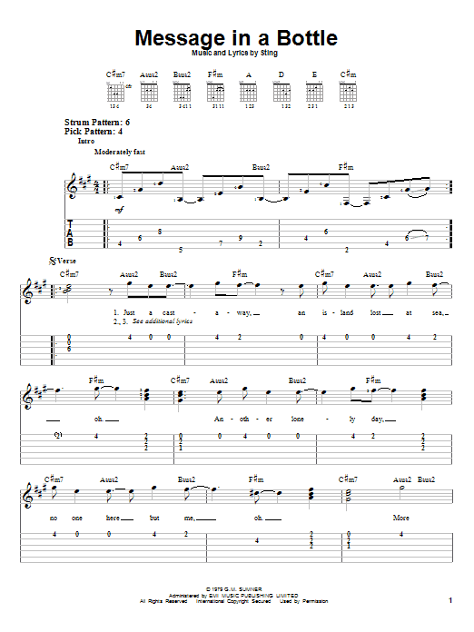 Preview The Police Message In A Bottle Rock sheet music, notes and chords for Easy Guitar Tab, SKU: 21624 sheet music, piano notes, chords, guitar tabs, score, transpose, transcribe, how to play, guide, download, learn, tutorial, progression, song, artist, awards, billboard, mtv, vh1, tour, single, album, release