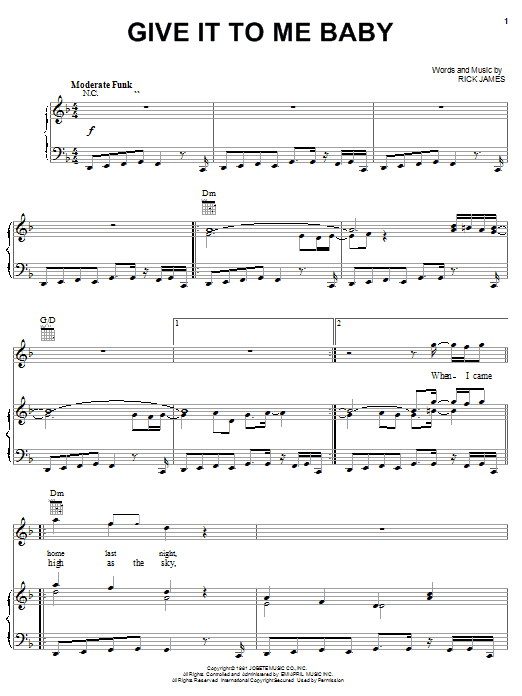 Preview Rick James Give It To Me Baby Pop sheet music, notes and chords for Piano, Vocal & Guitar (Right-Hand Melody), SKU: 21638 sheet music, piano notes, chords, guitar tabs, score, transpose, transcribe, how to play, guide, download, learn, tutorial, progression, song, artist, awards, billboard, mtv, vh1, tour, single, album, release