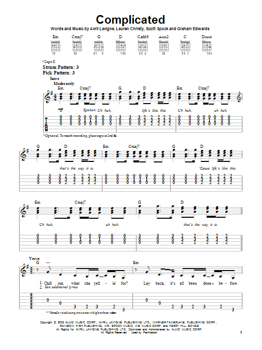 Preview Avril Lavigne Complicated Rock sheet music, notes and chords for Easy Guitar, SKU: 21643 sheet music, piano notes, chords, guitar tabs, score, transpose, transcribe, how to play, guide, download, learn, tutorial, progression, song, artist, awards, billboard, mtv, vh1, tour, single, album, release