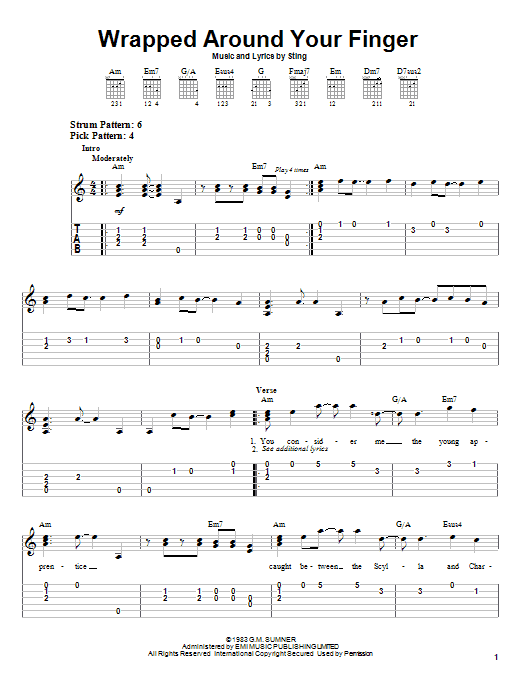 Preview The Police Wrapped Around Your Finger Rock sheet music, notes and chords for Easy Guitar Tab, SKU: 21646 sheet music, piano notes, chords, guitar tabs, score, transpose, transcribe, how to play, guide, download, learn, tutorial, progression, song, artist, awards, billboard, mtv, vh1, tour, single, album, release