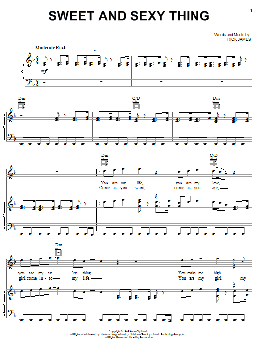 Preview Rick James Sweet And Sexy Thing Pop sheet music, notes and chords for Piano, Vocal & Guitar (Right-Hand Melody), SKU: 21656 sheet music, piano notes, chords, guitar tabs, score, transpose, transcribe, how to play, guide, download, learn, tutorial, progression, song, artist, awards, billboard, mtv, vh1, tour, single, album, release