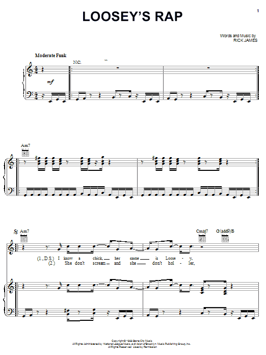 Preview Rick James Loosey's Rap Pop sheet music, notes and chords for Piano, Vocal & Guitar (Right-Hand Melody), SKU: 21657 sheet music, piano notes, chords, guitar tabs, score, transpose, transcribe, how to play, guide, download, learn, tutorial, progression, song, artist, awards, billboard, mtv, vh1, tour, single, album, release