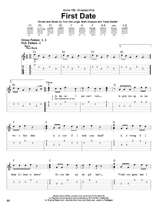 Preview Blink-182 First Date Pop sheet music, notes and chords for Easy Guitar, SKU: 21659 sheet music, piano notes, chords, guitar tabs, score, transpose, transcribe, how to play, guide, download, learn, tutorial, progression, song, artist, awards, billboard, mtv, vh1, tour, single, album, release