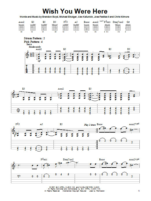 Preview Incubus Wish You Were Here Rock sheet music, notes and chords for Easy Guitar Tab, SKU: 21661 sheet music, piano notes, chords, guitar tabs, score, transpose, transcribe, how to play, guide, download, learn, tutorial, progression, song, artist, awards, billboard, mtv, vh1, tour, single, album, release