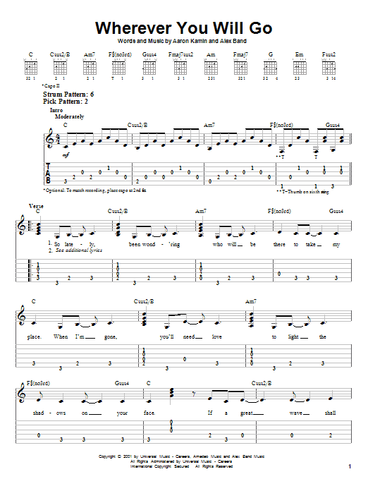 Preview The Calling Wherever You Will Go Rock sheet music, notes and chords for Easy Guitar, SKU: 21663 sheet music, piano notes, chords, guitar tabs, score, transpose, transcribe, how to play, guide, download, learn, tutorial, progression, song, artist, awards, billboard, mtv, vh1, tour, single, album, release