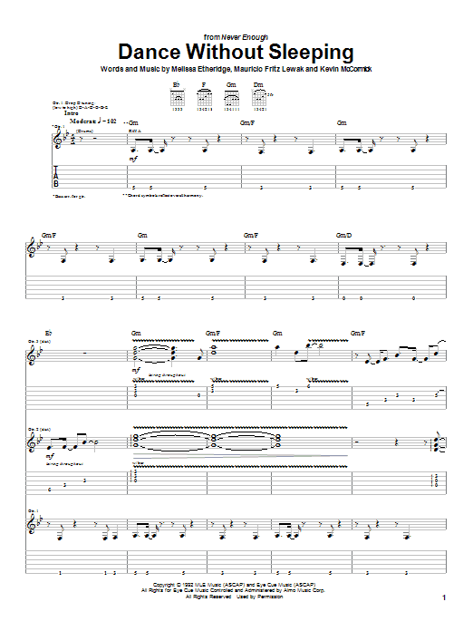 Preview Melissa Etheridge Dance Without Sleeping Pop sheet music, notes and chords for Guitar Tab, SKU: 21668 sheet music, piano notes, chords, guitar tabs, score, transpose, transcribe, how to play, guide, download, learn, tutorial, progression, song, artist, awards, billboard, mtv, vh1, tour, single, album, release