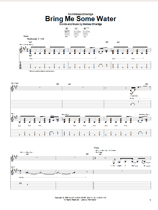 Preview Melissa Etheridge Bring Me Some Water Pop sheet music, notes and chords for Guitar Tab, SKU: 21670 sheet music, piano notes, chords, guitar tabs, score, transpose, transcribe, how to play, guide, download, learn, tutorial, progression, song, artist, awards, billboard, mtv, vh1, tour, single, album, release