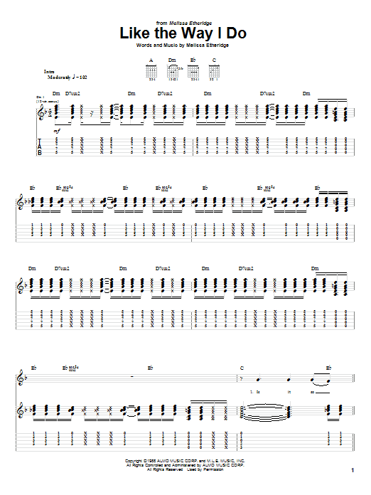 Preview Melissa Etheridge Like The Way I Do Rock sheet music, notes and chords for Guitar Tab, SKU: 21671 sheet music, piano notes, chords, guitar tabs, score, transpose, transcribe, how to play, guide, download, learn, tutorial, progression, song, artist, awards, billboard, mtv, vh1, tour, single, album, release