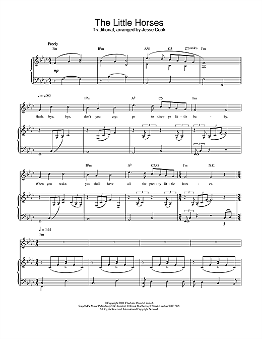 Preview Charlotte Church The Little Horses Post-1900 sheet music, notes and chords for Piano, Vocal & Guitar, SKU: 21676 sheet music, piano notes, chords, guitar tabs, score, transpose, transcribe, how to play, guide, download, learn, tutorial, progression, song, artist, awards, billboard, mtv, vh1, tour, single, album, release