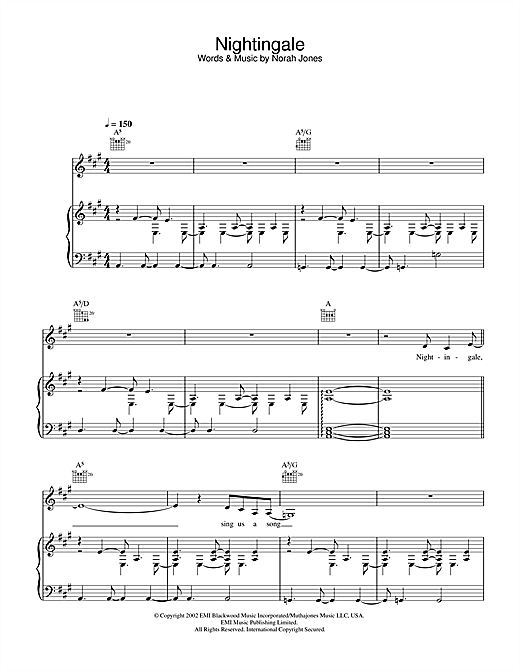 Preview Norah Jones Nightingale Pop sheet music, notes and chords for Piano, Vocal & Guitar, SKU: 21685 sheet music, piano notes, chords, guitar tabs, score, transpose, transcribe, how to play, guide, download, learn, tutorial, progression, song, artist, awards, billboard, mtv, vh1, tour, single, album, release